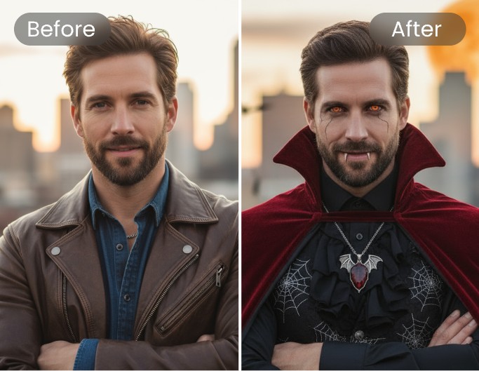 Mit diesem Prompt ein Porträt eines Mannes in einen Crimson-Vampir verwandeln