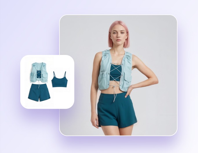 Generate a virtual model try on product image for a blue tone outfit
