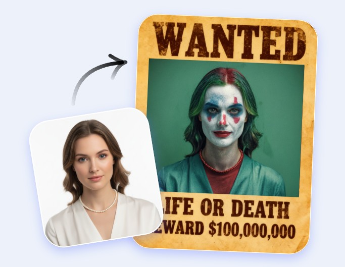 Créer un avis de recherche personnalisé gratuitement d'une femme avec du maquillage de Joker avec Fotor 