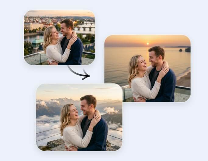 Generate ai couple photos in different scenes using custom prompt words