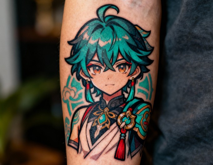 Generate an ai genshin oc tattoo and virtually try it on a human arm