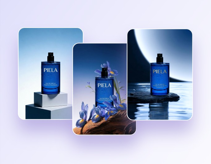 Generate different ai backgrounds for a blue perfume product image