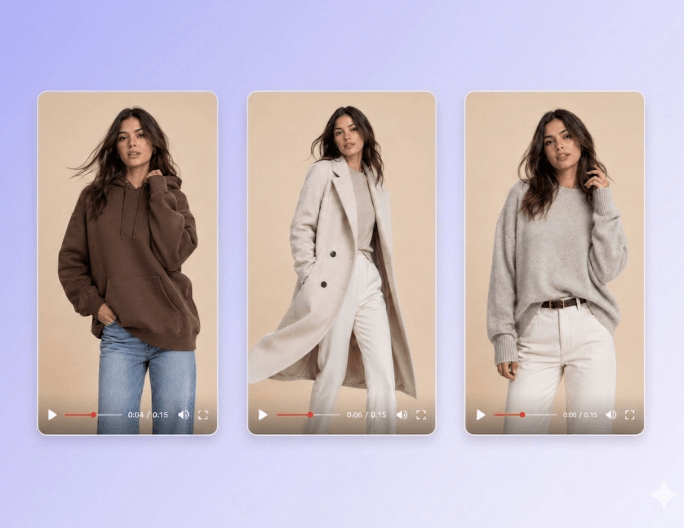 Generate three consistent ai product video with the same model