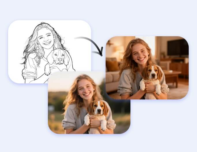 Générer deux images différentes d'une femme tenant un chien à partir d'une image de référence en croquis