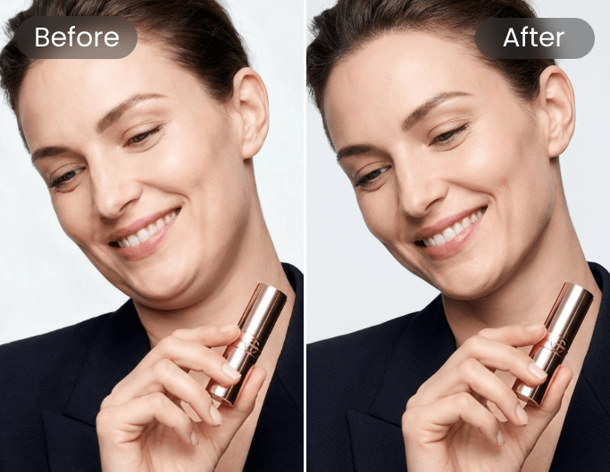 Get rid of double chin for the model who holds a lipstick