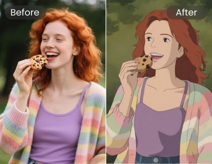 Ein Bild einer einen Keks haltenden Frau in Studio-Ghibli-Stil umwandeln