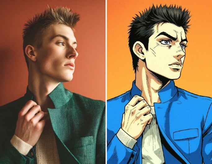 Originales Bild und Cartoon-Bild eines Manns mit intensivem Blick im Jojo-Stil