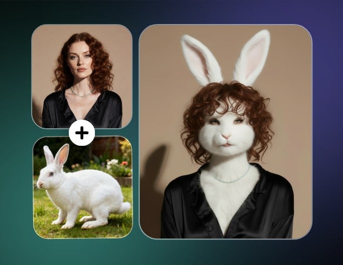 Human and animal fusion featuring a woman and a rabbit