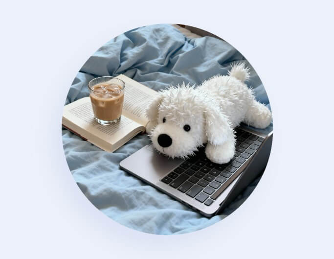 パソコンくつろぐぬいぐるみ犬 アイコンおしゃれ韓国ゆるふわ空間
