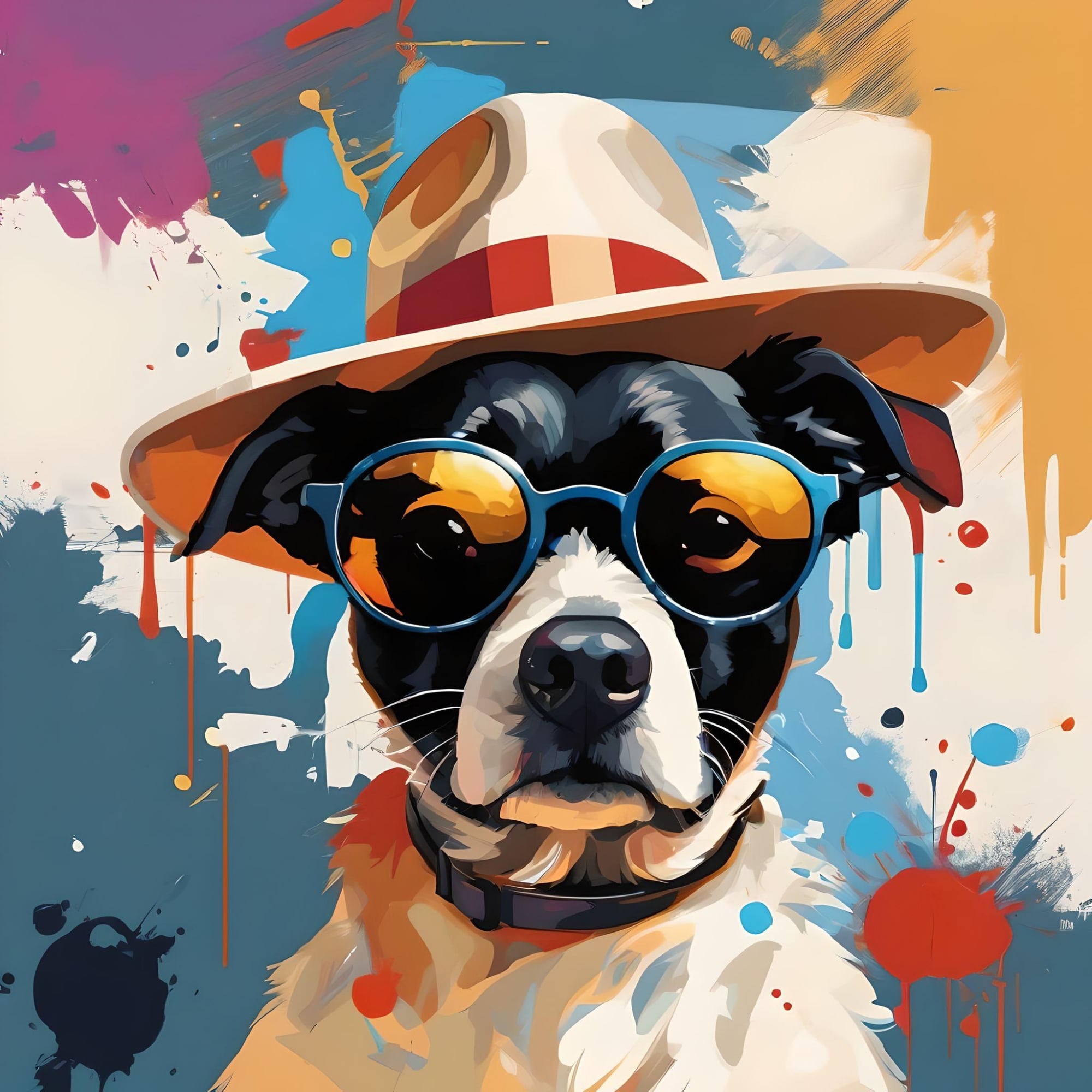 Illustrious style solo simple background black dog sketch sunglasses hat