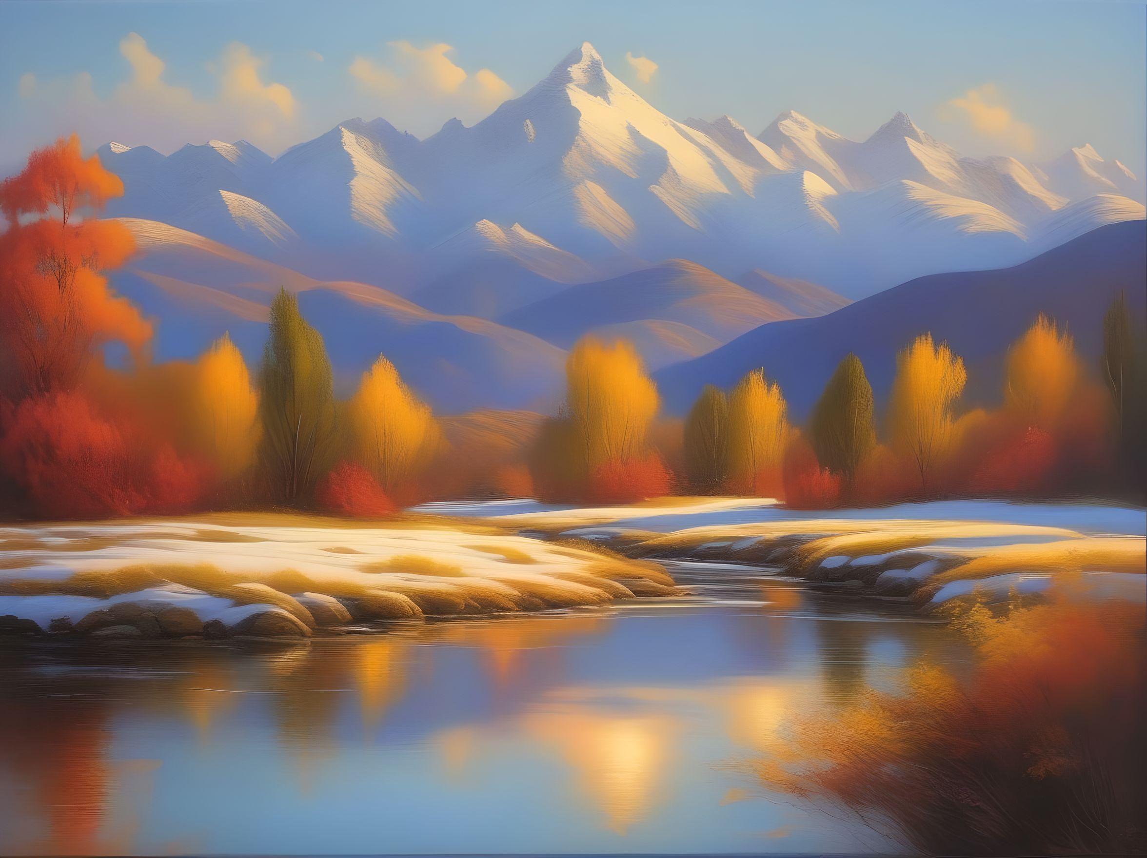 印象派，起伏的山丘，蜿蜒的河流，雪山下的宁静景象