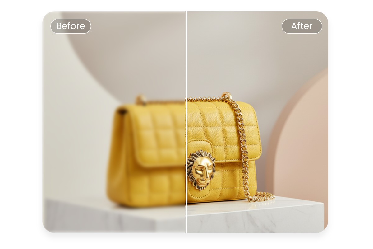 Improve image quality for the yellow handbag photoshoot with fotor ai product photography generator