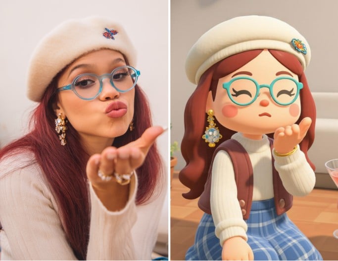 Originales und Comic-Stil einer jungen Frau mit Baskenmütze