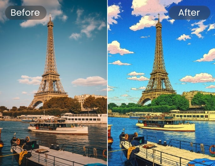 Ein Foto des Eiffelturms im JoJo-Anime-Stil bearbeitet