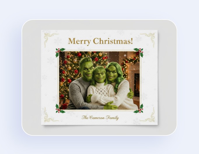 Make a christmas card from ai grinch family photo
