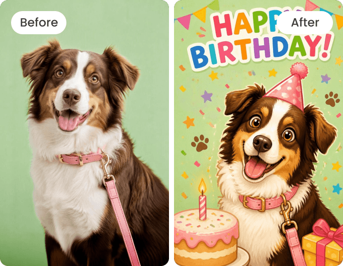 Make a dog a caricature character and create a birthday card out of it