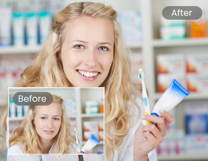 Faites sourire un portrait féminin issu d’une publicité et utilisez-le comme matériel marketing