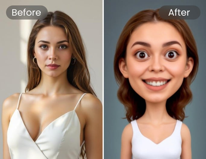 Make a funny caricature by using caricature filter to the womans photo