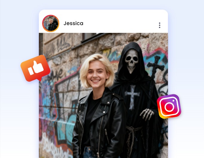 心霊写真作り方スマホショートヘアの女性の後ろに怖いガイコツ