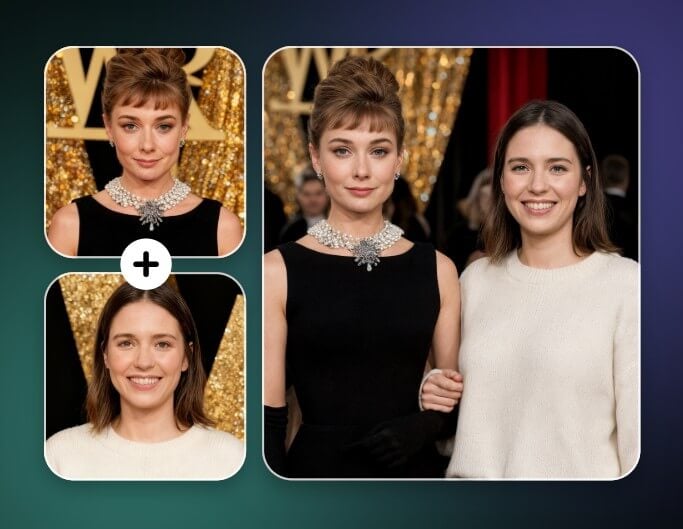 Merge a photo of a woman and a celebrity into a single group photo