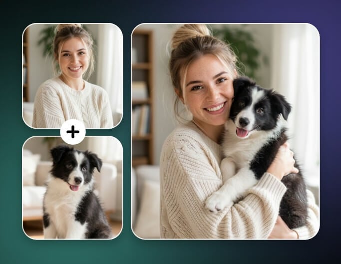 Merge a photo of a woman and a dog into a single group photo