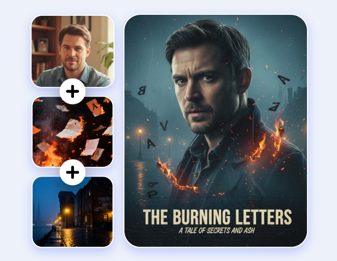 Fusiona imágenes para contar una historia con un hombre en una ciudad nocturna rodeado de letras en llamas