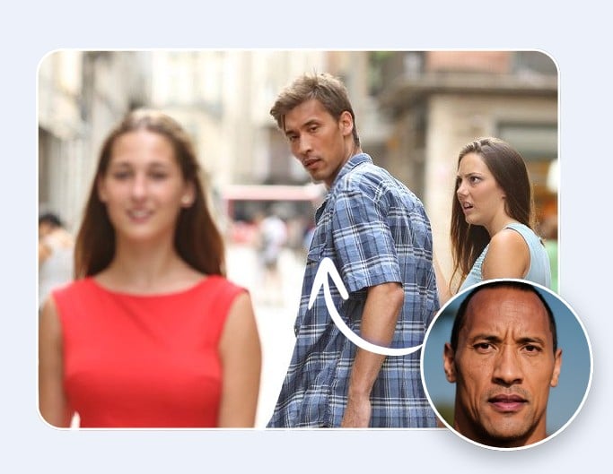 Merge the face of a strong man with another man to create a face morph meme