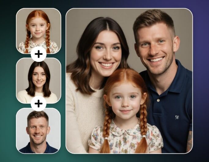 Merge three individual photos into a family group photo