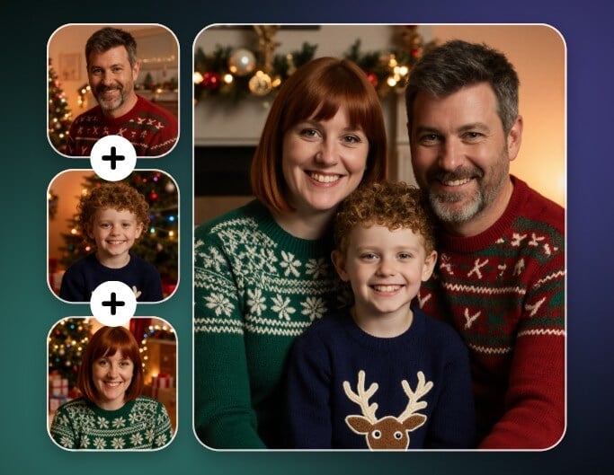 Merge three individual photos into a single christmas holiday group photo