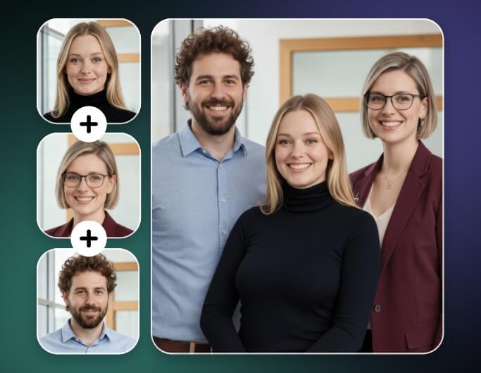 Merge three individual photos into a team group photo