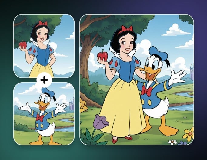 Merge two different cartoon characters into a single group photo