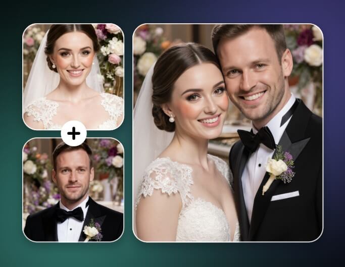 Merge two individual photos into a wedding group photo