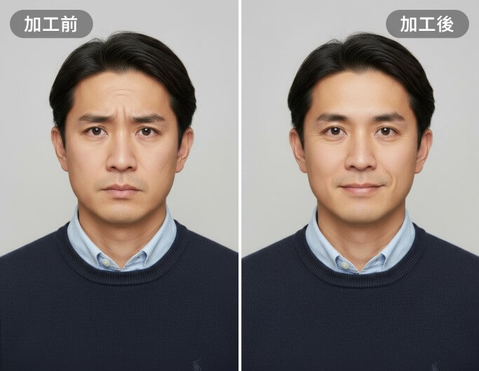 加工前と加工後の男性のかわいいマイナンバーカード写真