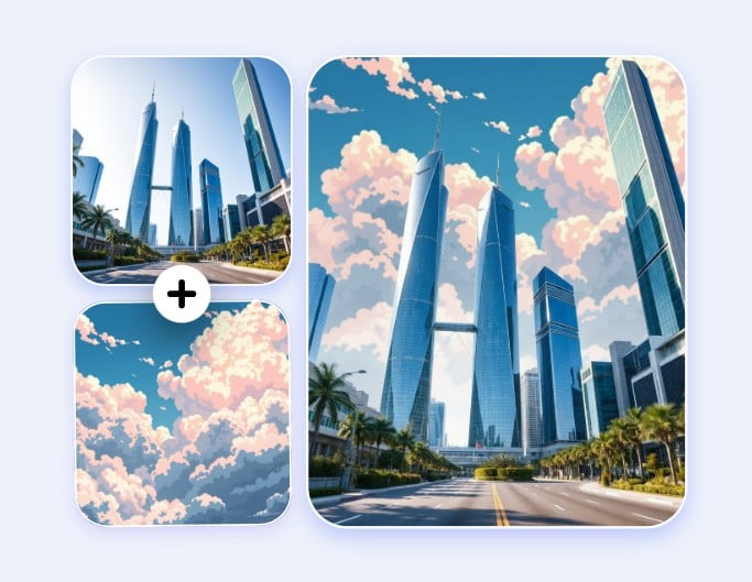 Efecto parcial de transferencia de estilo con una nube de caricatura sobre un edificio realista