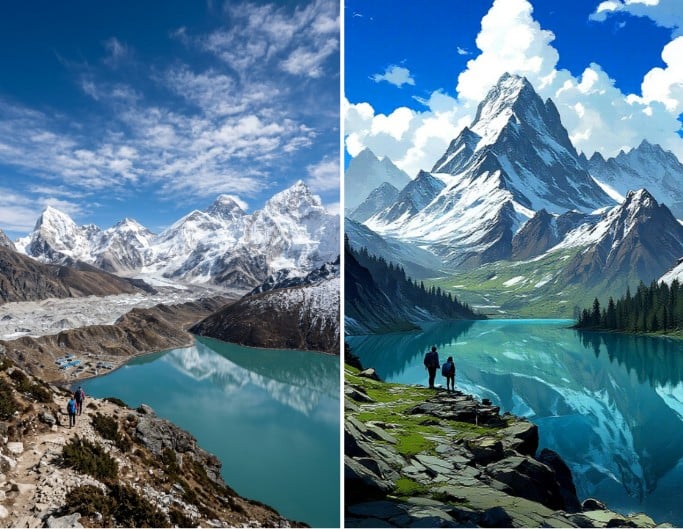 Originale und Comic-Bild der Landschaft mit Bergen und blauem See