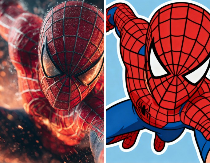 Originales Bild und Spiderman im Cartoon-Sticker-Look