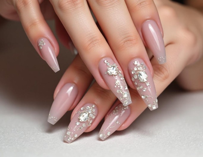 Pink nail extension with crystal accessories