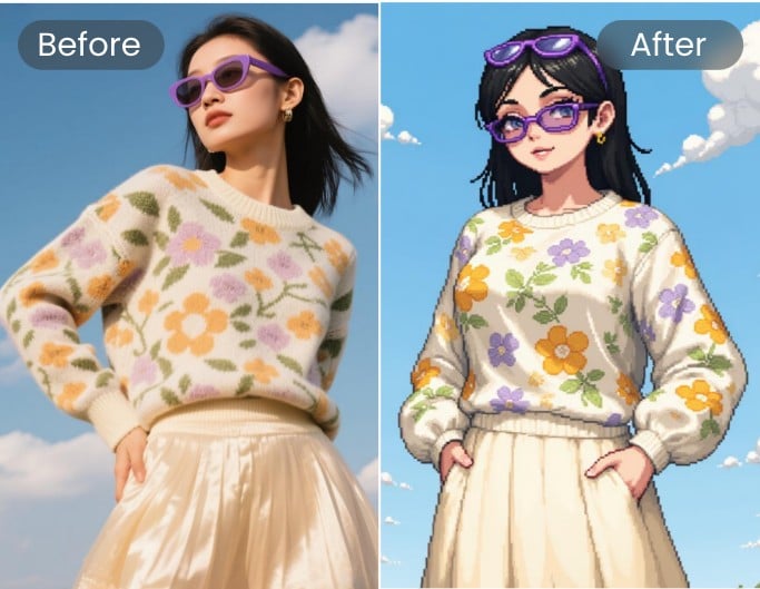 Ein Bild einer modischen Frau mit Sonnenbrille in Pixel-Art umwandeln