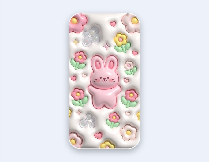 立体のうさぎと花で彩られたぷっくりかわいい高画質なスマホケース