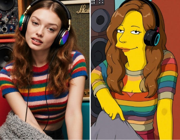 Originales und Comic-Bild eines Porträts einer rothaarigen Frau im Simpsons-Stil