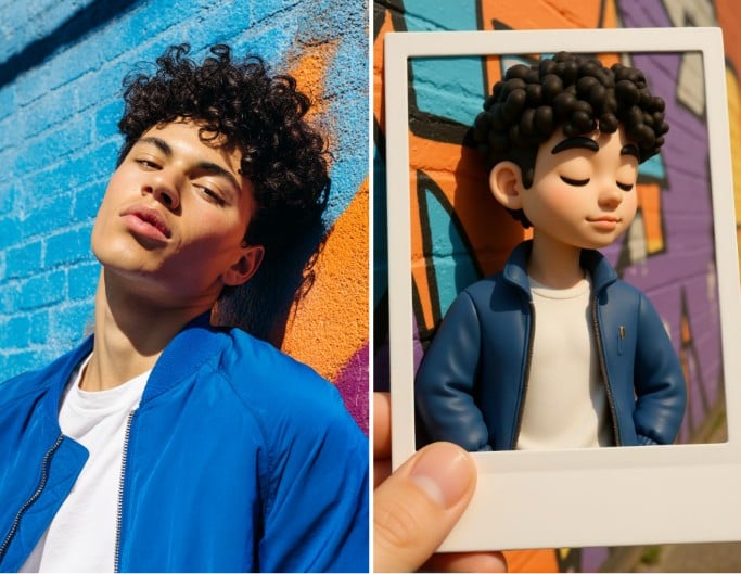 Originales und Cartoon-Bild eines Porträt eines jungen Mannes als Tonfigur