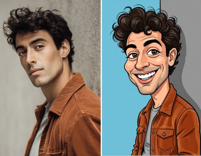 Originales und Porträt eines braunen Mannes in künstlerischer Karikatur