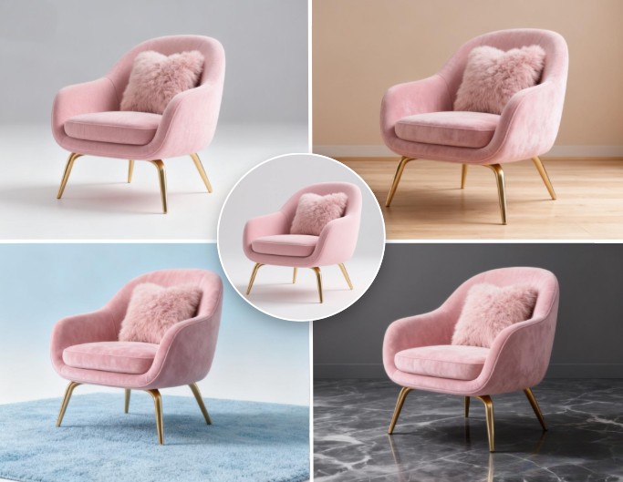 Put a pink sofa in four different backgrounds