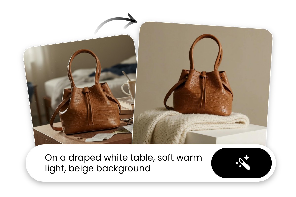 Put the bag on a draped white table using Fotor AI background generator from text prompt