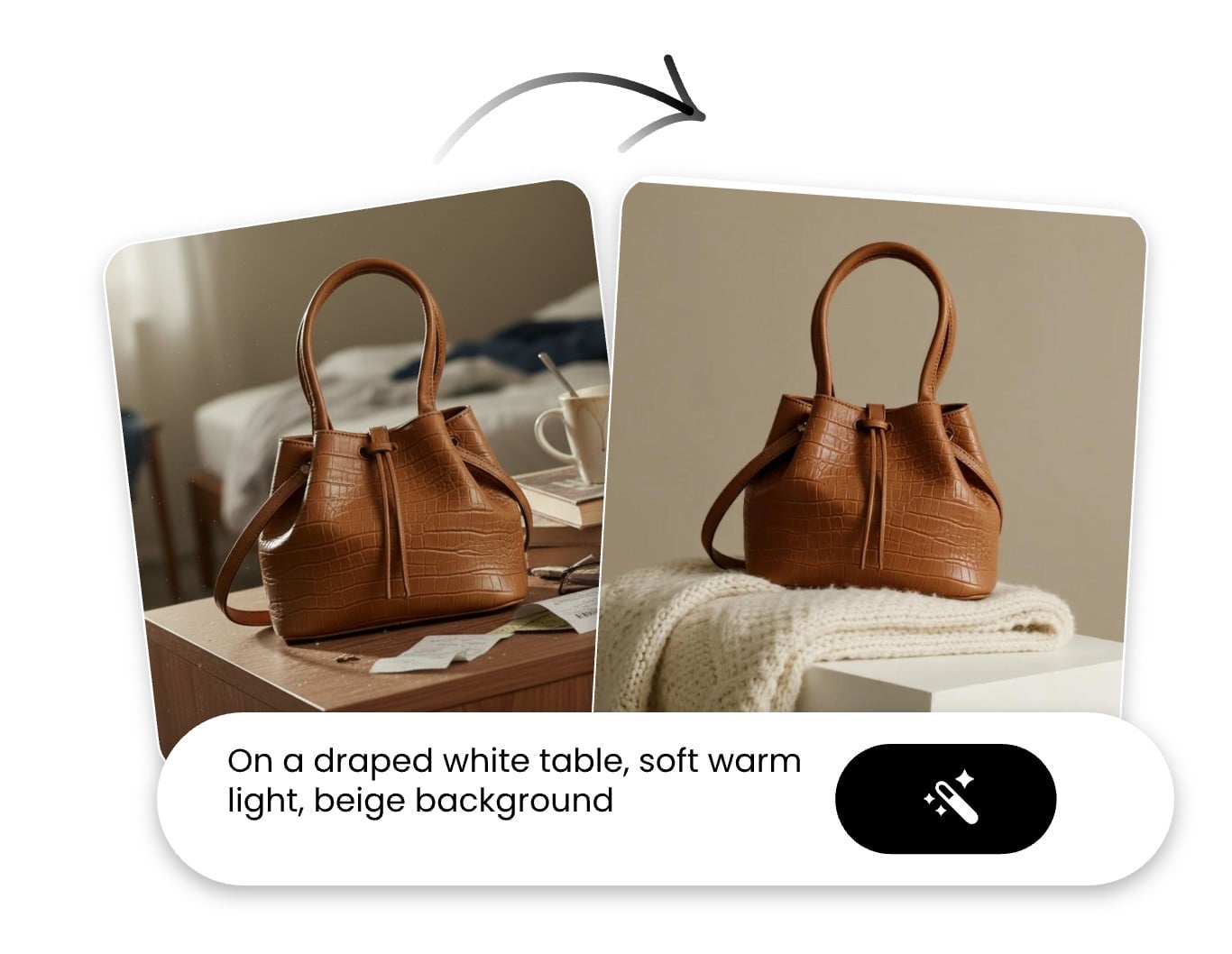 the before and after effect of using fotor's ai background generator to create backdrop for a bag product photo from text