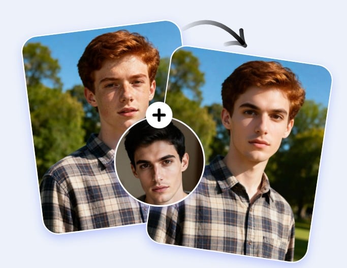 Combina dos imágenes en una nueva mostrando un intercambio de rostro masculino