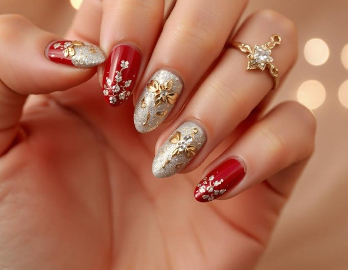 Red and white nail art with beautiful patterns for valentines day nails