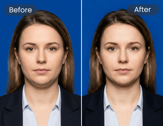 Remove double chin from headshot of the short haired woman
