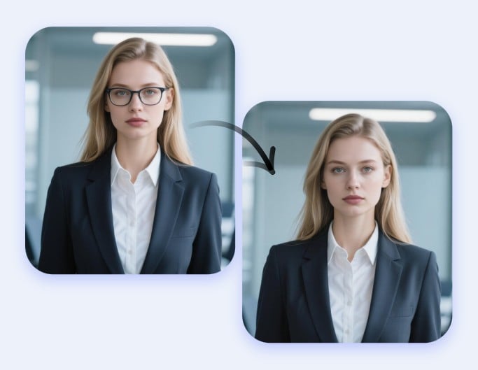 Enlever des lunettes sur une photo en ligne pour une femme portant un costume professionnel