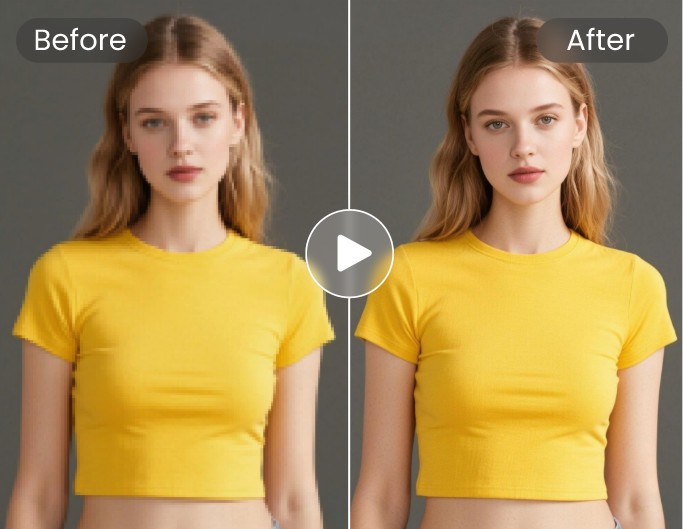Remove pixelation blur from video of a woman in yellow t shirt